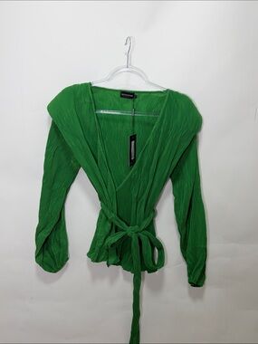 PrettyLittleThing Green Pleated Wrap Blouse with Tie